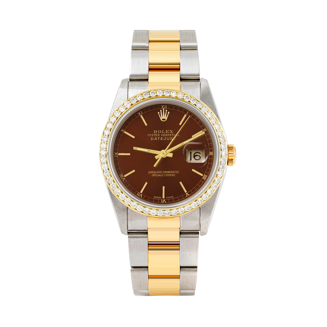Rolex Datejust 36mm TWO TONE 16233 Brown Dial | Stick Hour Markers | 1ct Diamond Bezel