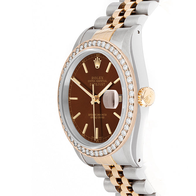 Rolex Datejust 36mm TWO TONE 16233 Brown Dial | Stick Hour Markers | 1.8ct Diamond Bezel