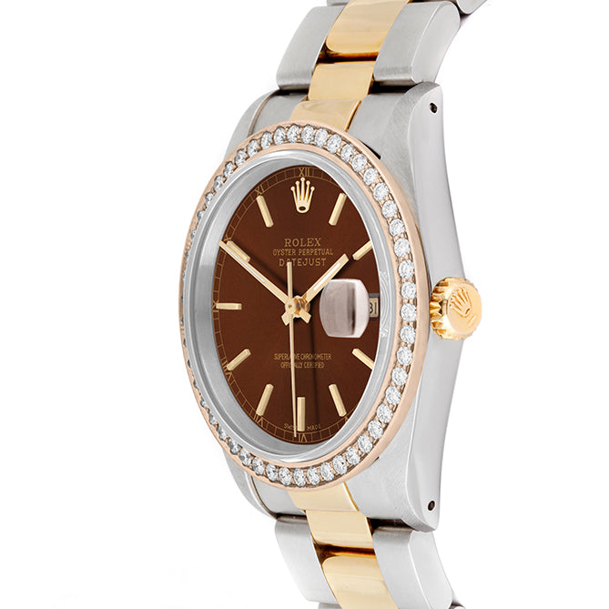 Rolex Datejust 36mm TWO TONE 16233 Brown Dial | Stick Hour Markers | 1.8ct Diamond Bezel
