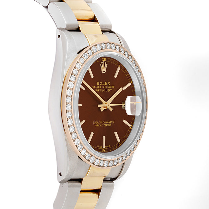 Rolex Datejust 36mm TWO TONE 16233 Brown Dial | Stick Hour Markers | 1.8ct Diamond Bezel