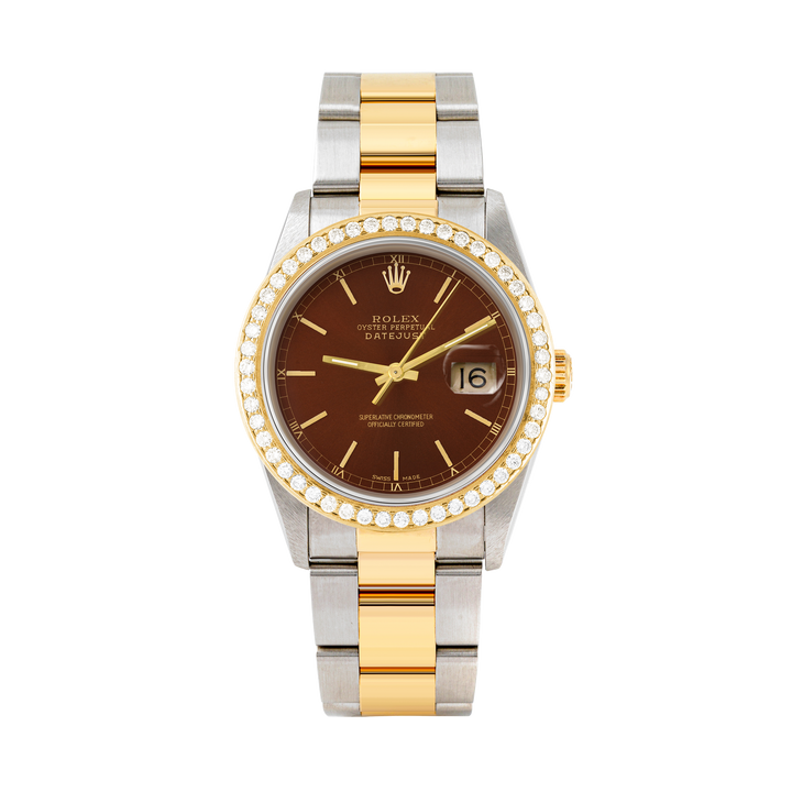 Rolex Datejust 36mm TWO TONE 16233 Brown Dial | Stick Hour Markers | 1.8ct Diamond Bezel