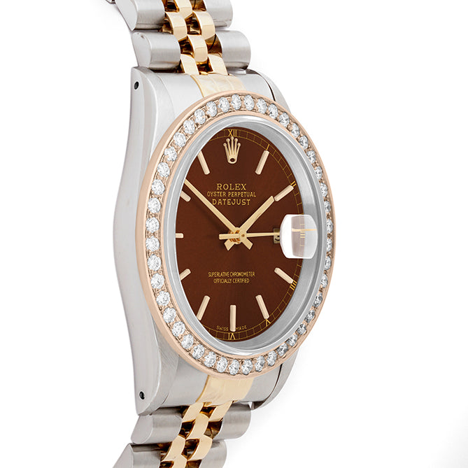 Rolex Datejust 36mm TWO TONE 16233 Brown Dial | Stick Hour Markers | 2ct Diamond Bezel