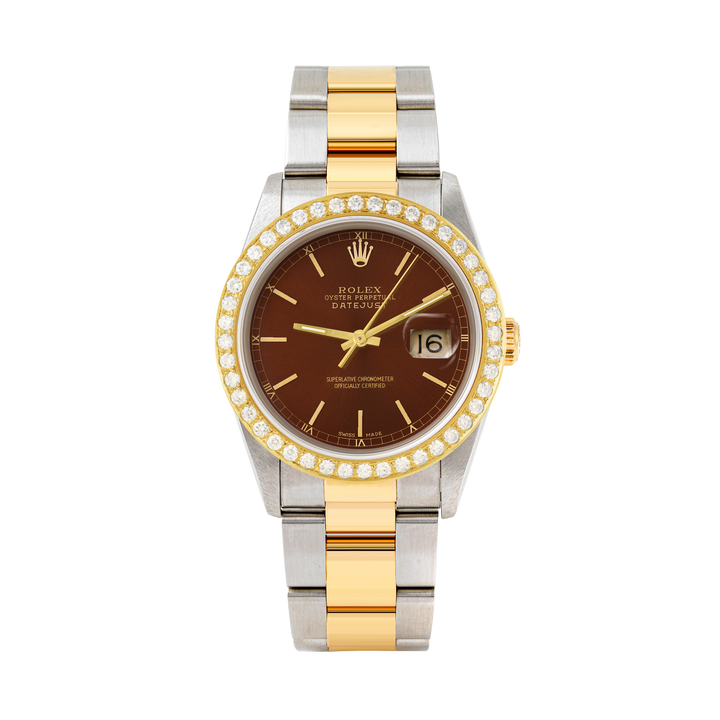 Rolex Datejust 36mm TWO TONE 16233 Brown Dial | Stick Hour Markers | 2ct Diamond Bezel