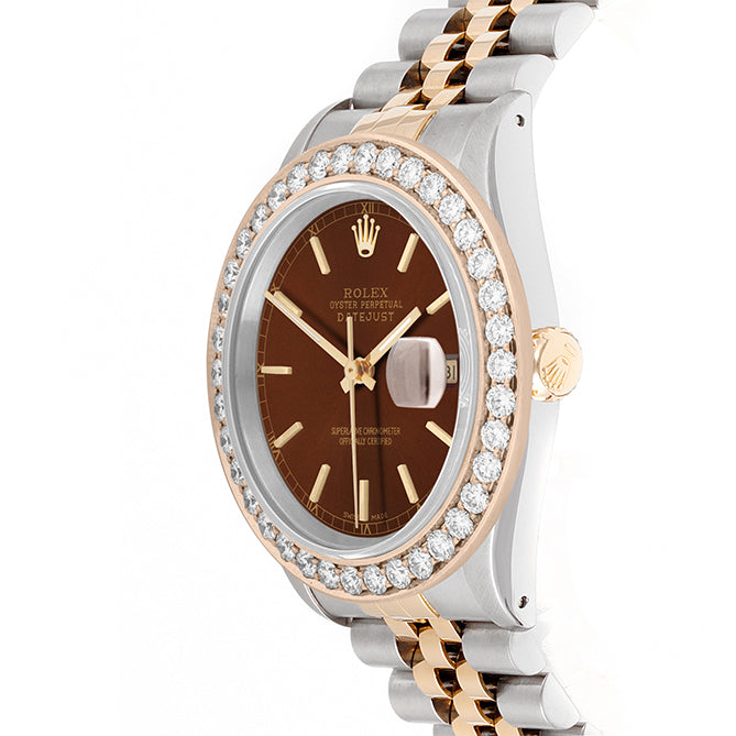 Rolex Datejust 36mm TWO TONE 16233  Brown  Dial | Stick Hour Markers | 2.5ct Diamond Bezel