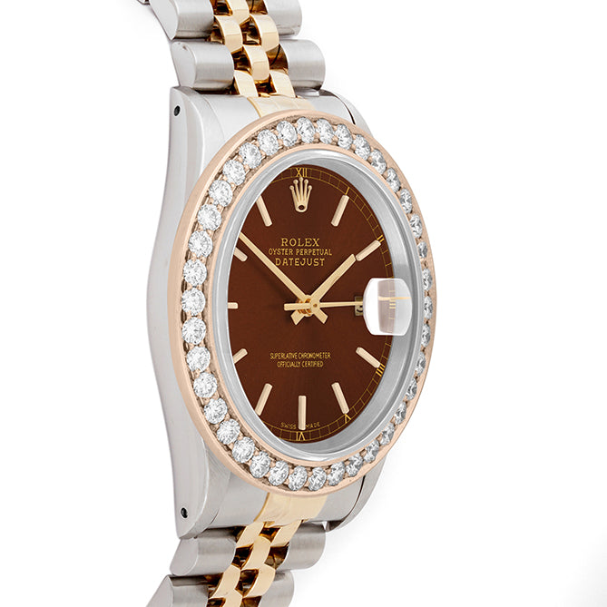 Rolex Datejust 36mm TWO TONE 16233  Brown  Dial | Stick Hour Markers | 2.5ct Diamond Bezel
