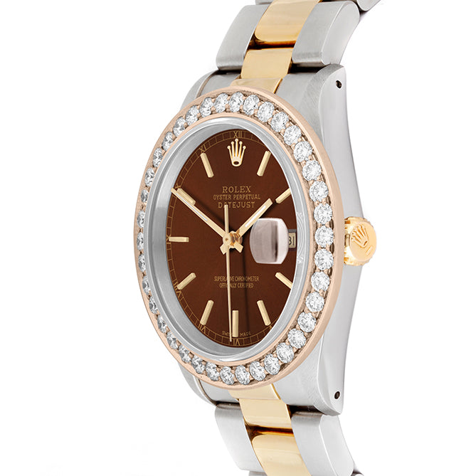 Rolex Datejust 36mm TWO TONE 16233  Brown  Dial | Stick Hour Markers | 2.5ct Diamond Bezel