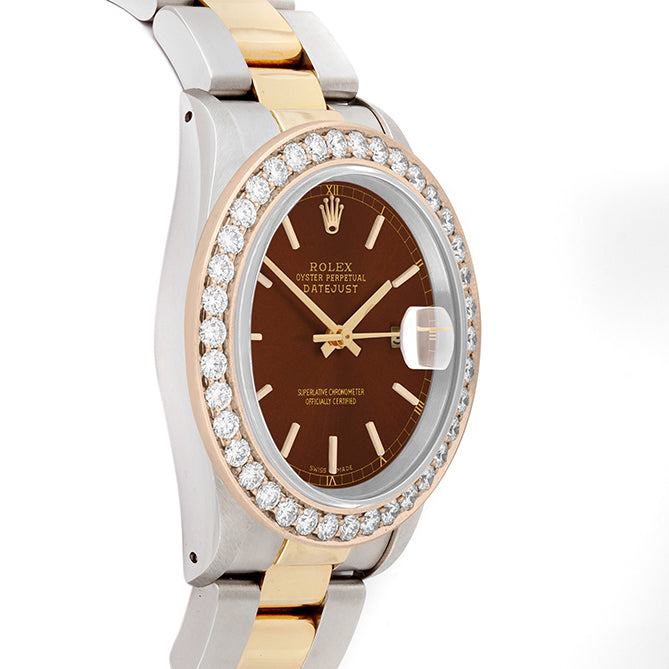 Rolex Datejust 36mm TWO TONE 16233  Brown  Dial | Stick Hour Markers | 2.5ct Diamond Bezel