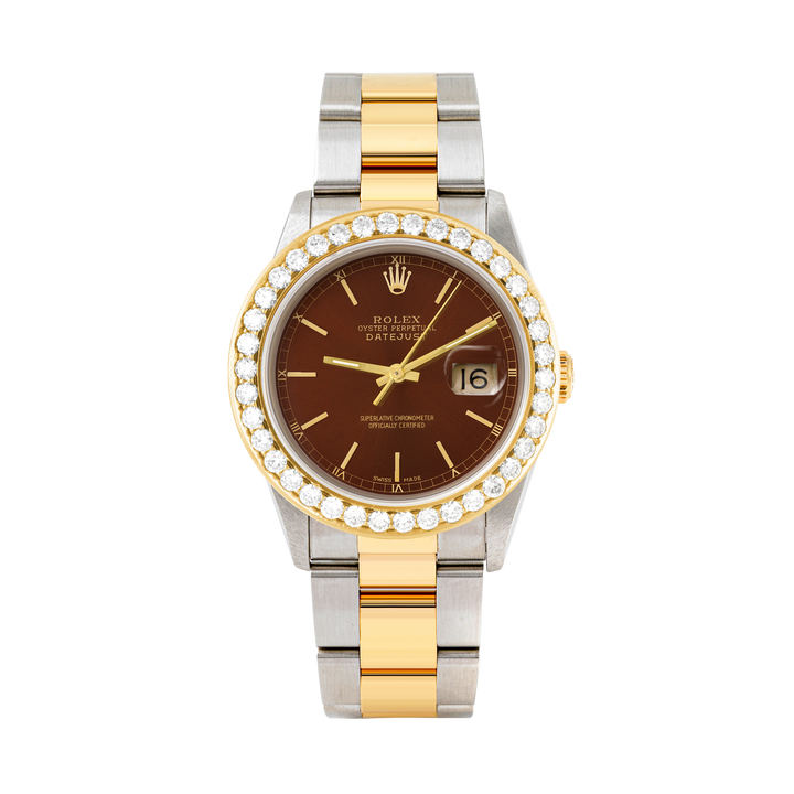 Rolex Datejust 36mm TWO TONE 16233  Brown  Dial | Stick Hour Markers | 2.5ct Diamond Bezel