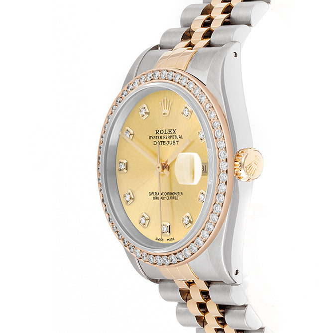 Rolex Datejust 36mm TWO TONE 16233 Champagne Dial |  Diamond Hour Markers | 1ct Diamond Bezel