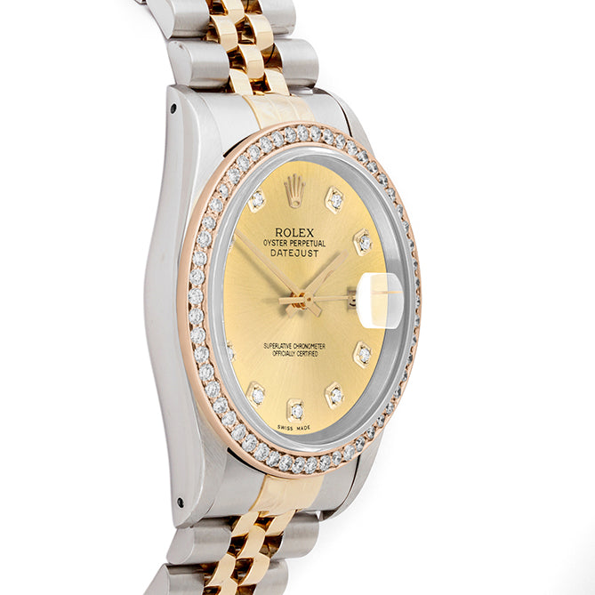 Rolex Datejust 36mm TWO TONE 16233 Champagne Dial |  Diamond Hour Markers | 1ct Diamond Bezel