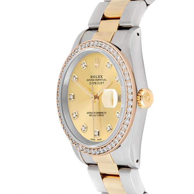 Rolex Datejust 36mm TWO TONE 16233 Champagne Dial |  Diamond Hour Markers | 1ct Diamond Bezel