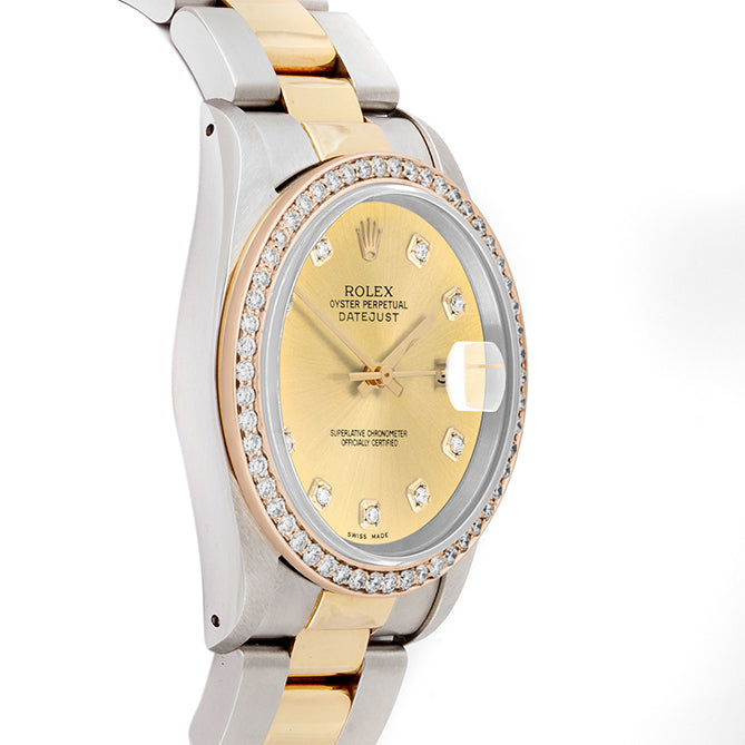 Rolex Datejust 36mm TWO TONE 16233 Champagne Dial |  Diamond Hour Markers | 1ct Diamond Bezel