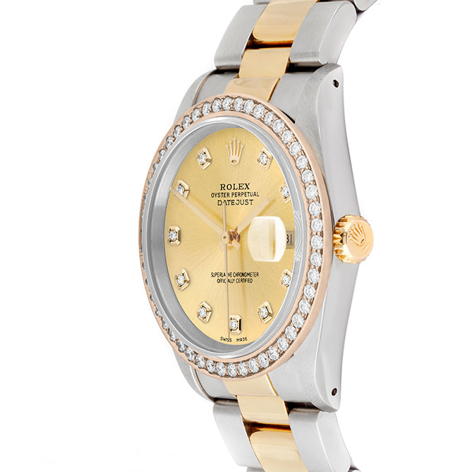 Rolex Datejust 36mm TWO TONE 16233 Champagne Dial | Diamond  Hour Markers | 1.8ct Diamond Bezel