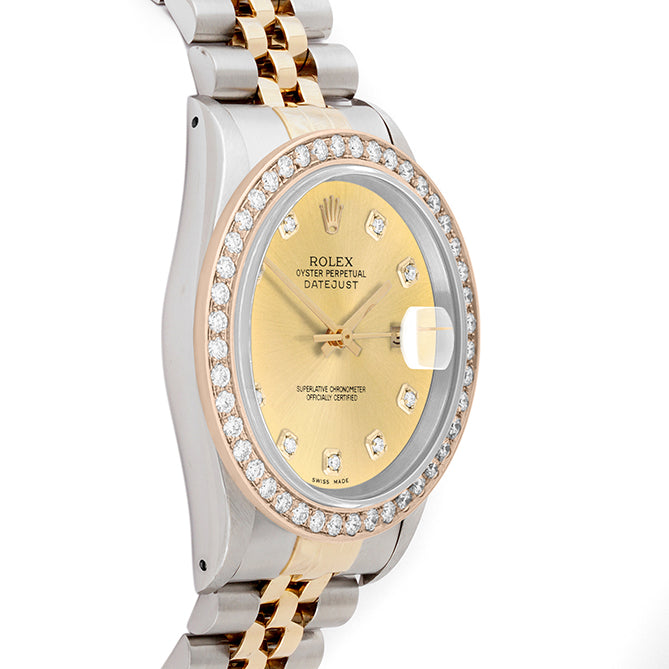 Rolex Datejust 36mm TWO TONE 16233 Champagne Dial | Diamond Hour Markers | 2ct Diamond Bezel