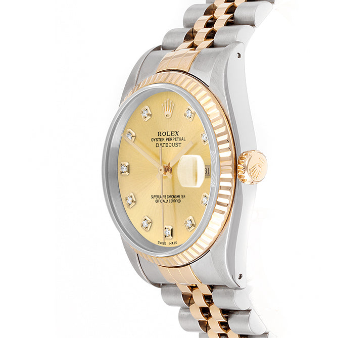Rolex Datejust 36mm TWO TONE 16233 Champagne Dial | Diamond  Hour Markers | Fluted Bezel