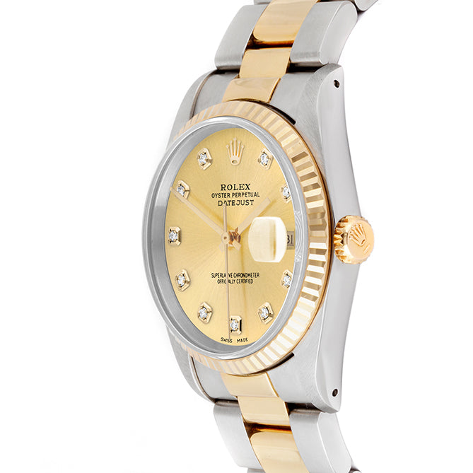 Rolex Datejust 36mm TWO TONE 16233 Champagne Dial | Diamond  Hour Markers | Fluted Bezel