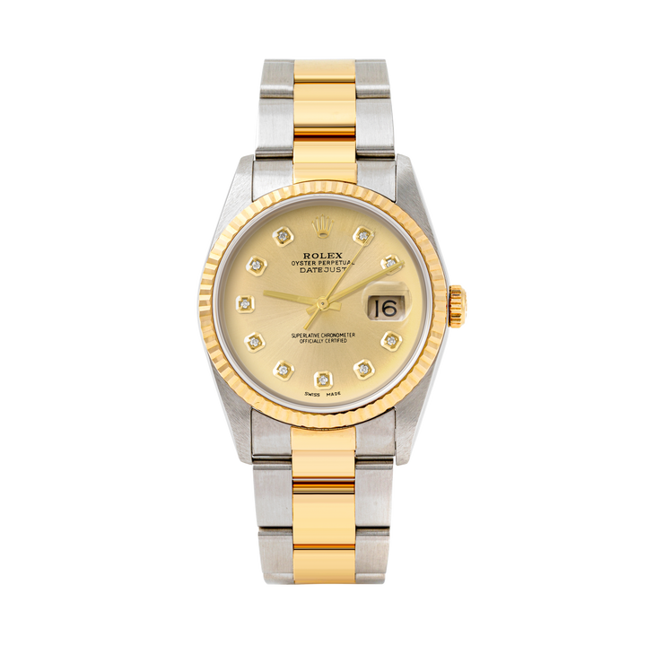 Rolex Datejust 36mm TWO TONE 16233 Champagne Dial | Diamond  Hour Markers | Fluted Bezel