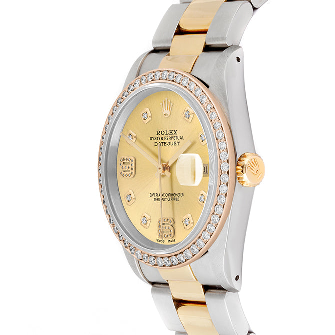 Rolex Datejust 36mm TWO TONE 16233 Champagne Dial |  6&9 Diamond  Hour Markers | 1ct Diamond Bezel