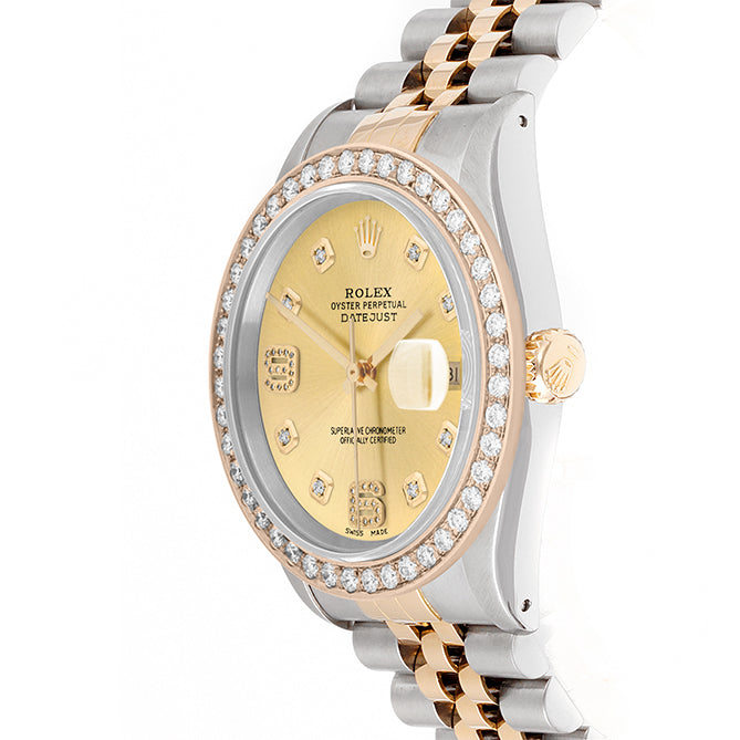 Rolex Datejust 36mm TWO TONE 16233 Champagne Dial |  6&9 Diamond  Hour Markers | 2ct Diamond Bezel