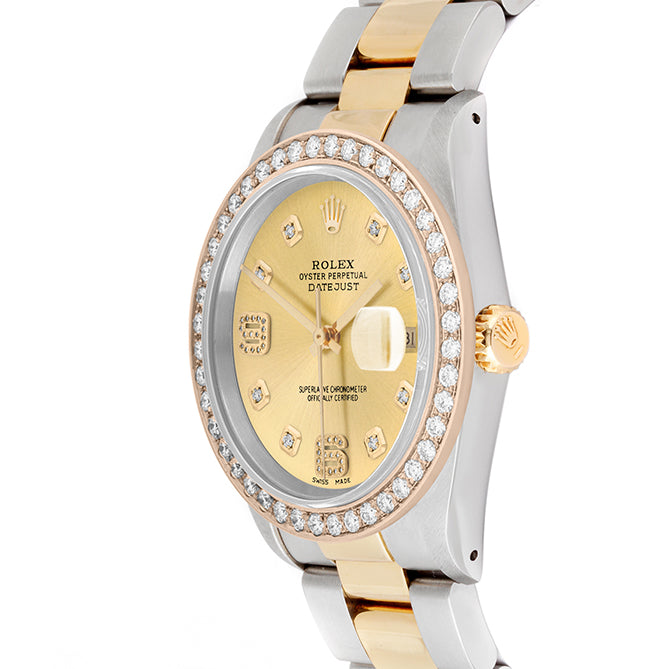 Rolex Datejust 36mm TWO TONE 16233 Champagne Dial |  6&9 Diamond  Hour Markers | 2ct Diamond Bezel
