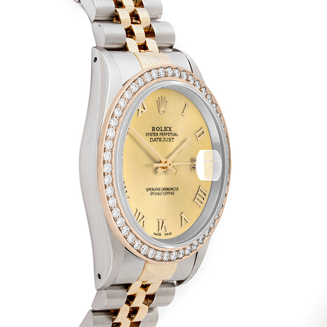 Rolex Datejust 36mm TWO TONE 16233 Champagne Dial | Roman Hour Markers | 1.8ct Diamond Bezel