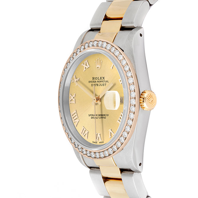 Rolex Datejust 36mm TWO TONE 16233 Champagne Dial | Roman Hour Markers | 1.8ct Diamond Bezel