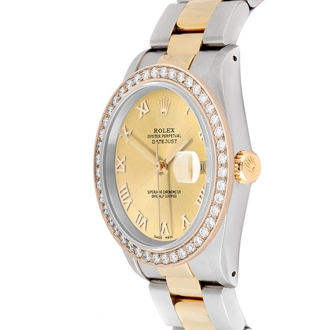 Rolex Datejust 36mm TWO TONE 16233  Champagne  Dial | Roman Hour Markers | 2ct Diamond Bezel