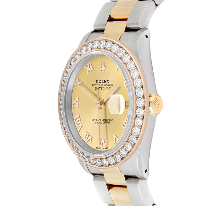Rolex Datejust 36mm TWO TONE 16233  Champagne  Dial | Roman Hour Markers | 2.5ct Diamond Bezel