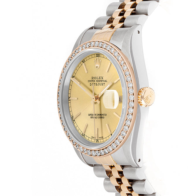 Rolex Datejust 36mm TWO TONE 16233 Champagne Dial |  Stick Hour Markers | 1ct Diamond Bezel