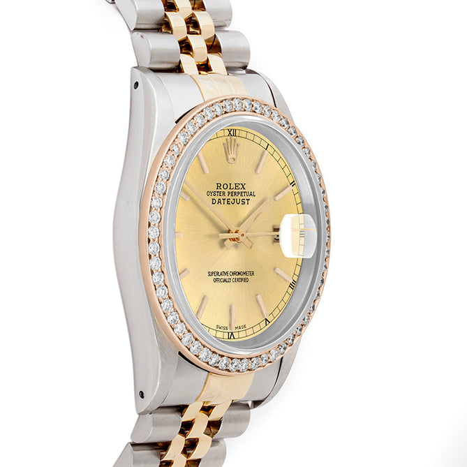Rolex Datejust 36mm TWO TONE 16233 Champagne Dial | Stick Hour Markers | 1ct Diamond Bezel
