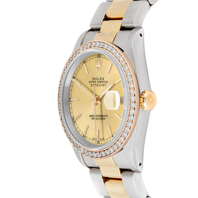 Rolex Datejust 36mm TWO TONE 16233 Champagne Dial |  Stick Hour Markers | 1ct Diamond Bezel