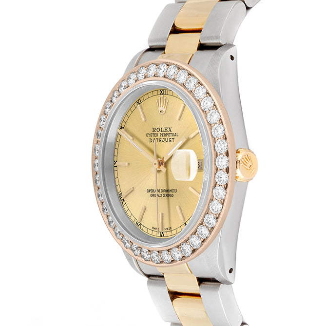 Rolex Datejust 36mm TWO TONE 16233  Champagne Dial | Stick Hour Markers | 2.5ct Diamond Bezel