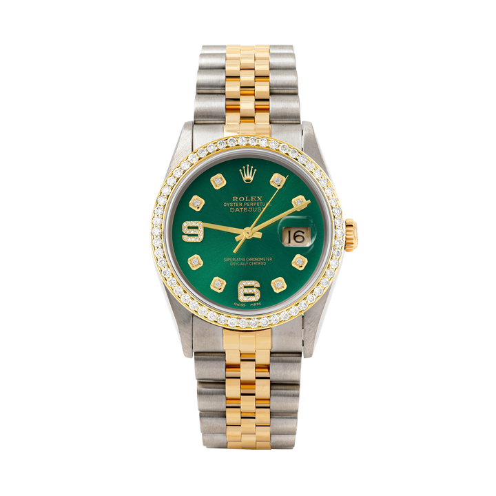 Rolex Datejust 36mm TWO TONE 16233 Green Dial |  6&9 Diamond  Hour Markers | 1ct Diamond Bezel