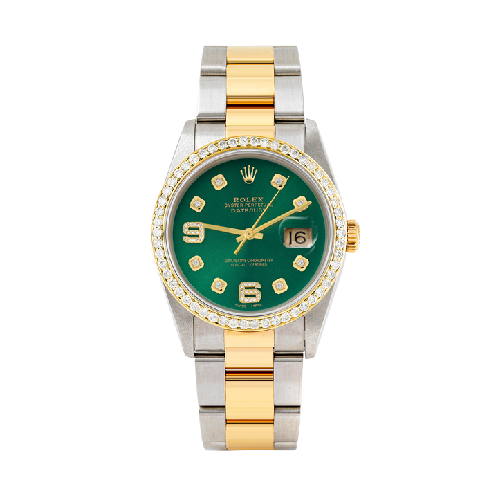 Rolex Datejust 36mm TWO TONE 16233 Green Dial |  6&9 Diamond  Hour Markers | 1ct Diamond Bezel