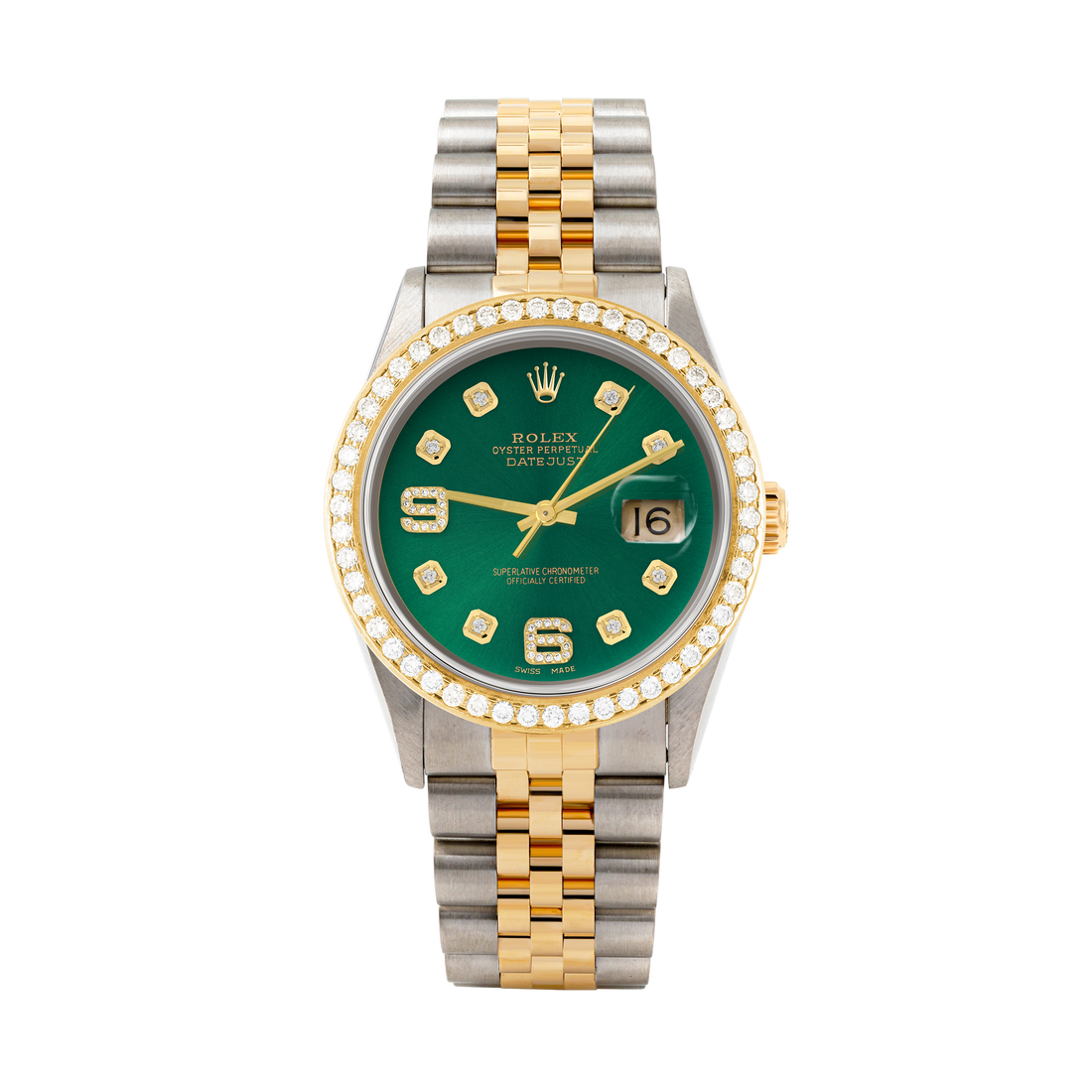 Rolex Datejust 36mm TWO TONE 16233 Green Dial | 6&9 Diamond Hour Markers | 1.8ct Diamond Bezel