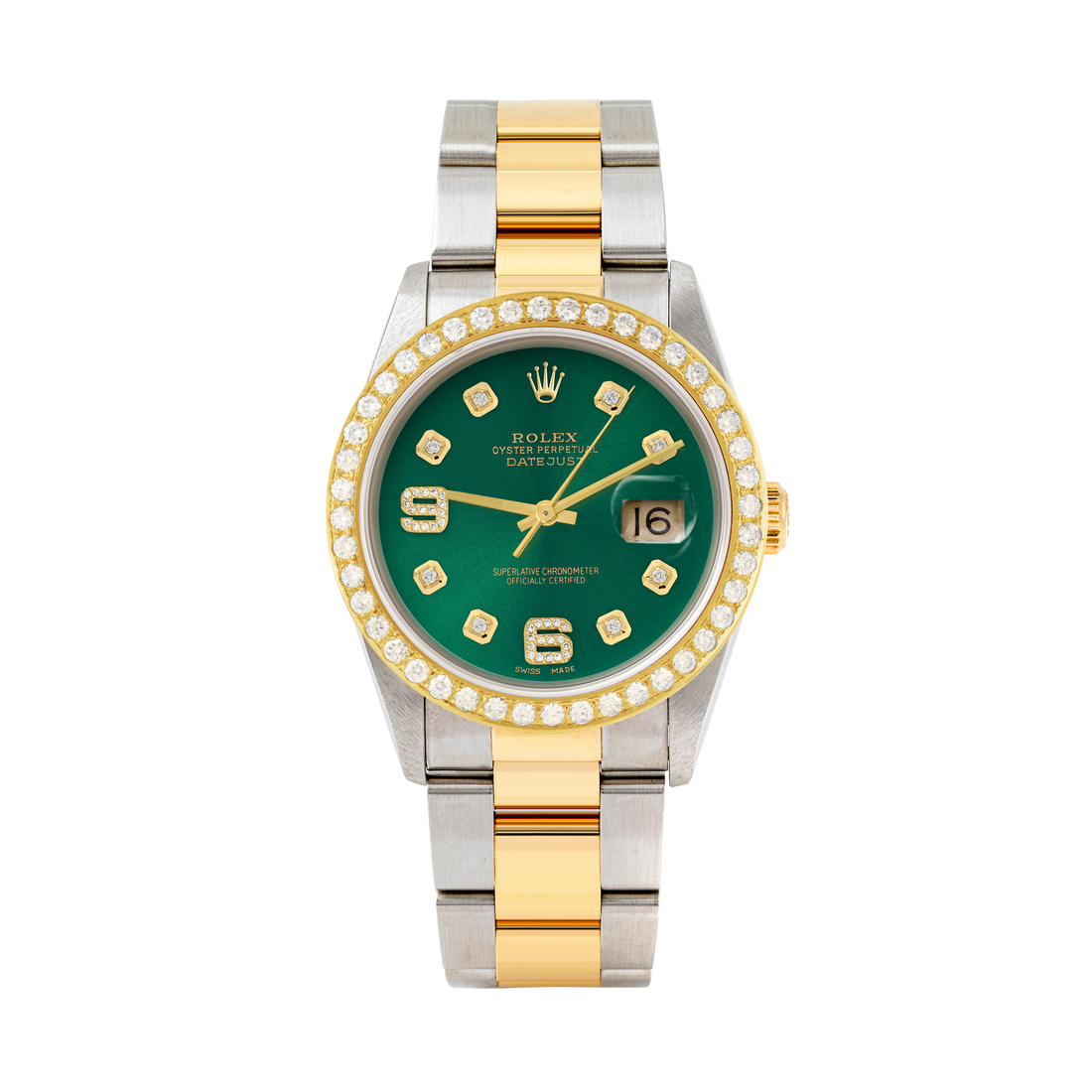 Rolex Datejust 36mm TWO TONE 16233 Green  Dial |  6&9 Diamond  Hour Markers | 2ct Diamond Bezel