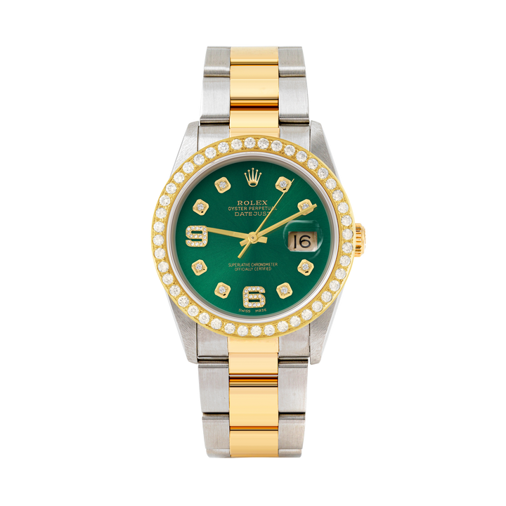 Rolex Datejust 36mm TWO TONE 16233 Green  Dial |  6&9 Diamond  Hour Markers | 2ct Diamond Bezel