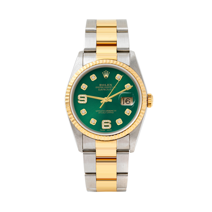 Rolex Datejust 36mm TWO TONE 16233 Green Dial | 6&9 Diamond  Hour Markers | Fluted Bezel
