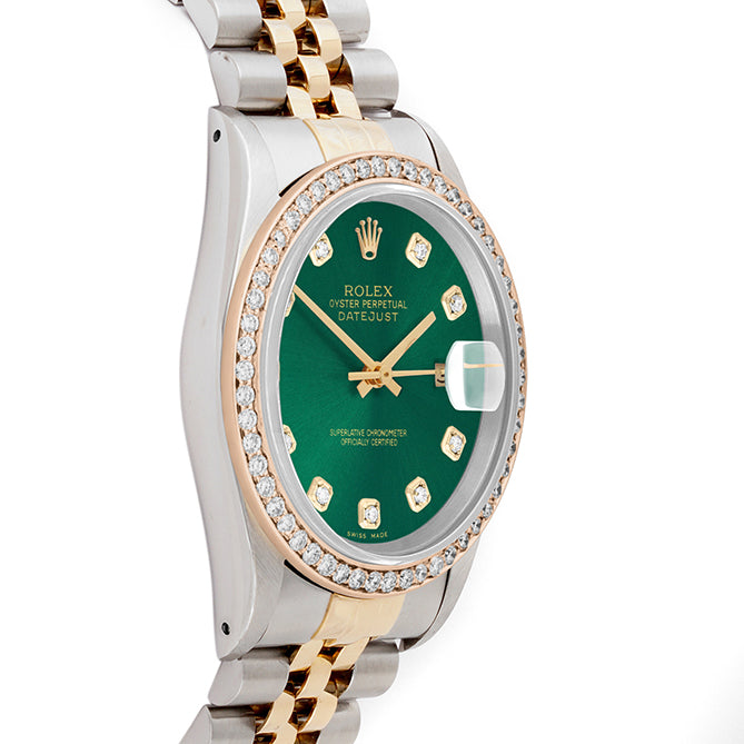 Rolex Datejust 36mm TWO TONE 16233 Green Dial |  Diamond Hour Markers | 1ct Diamond Bezel