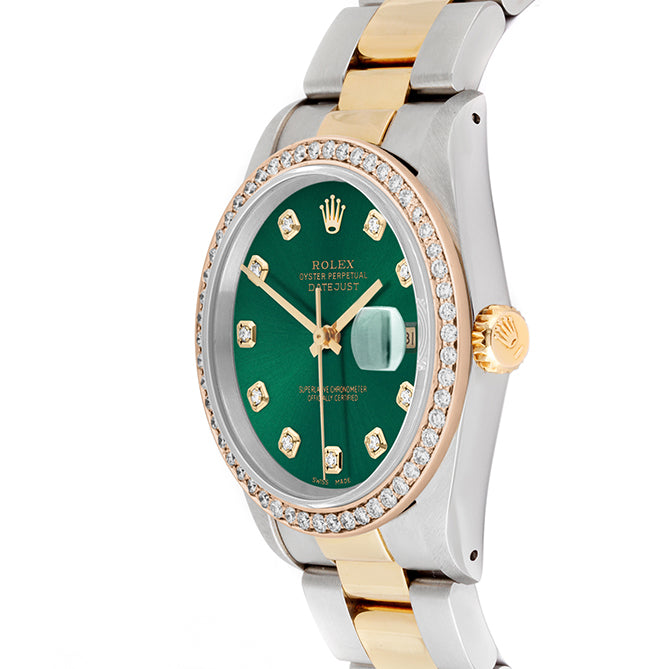 Rolex Datejust 36mm TWO TONE 16233 Green Dial |  Diamond Hour Markers | 1ct Diamond Bezel