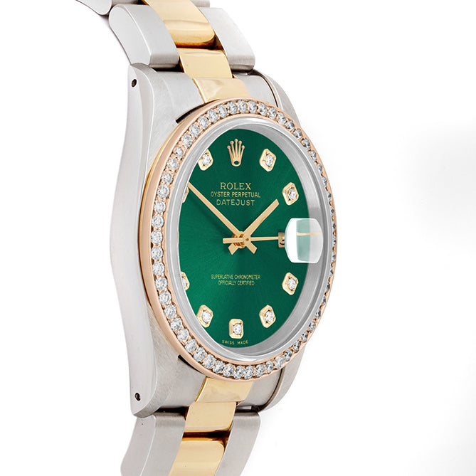 Rolex Datejust 36mm TWO TONE 16233 Green Dial |  Diamond Hour Markers | 1ct Diamond Bezel