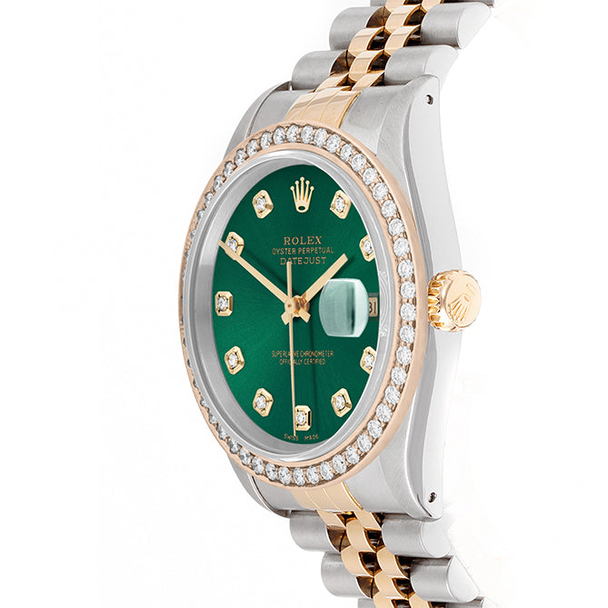 Rolex Datejust 36mm TWO TONE 16233 Green Dial | Diamond  Hour Markers | 1.8ct Diamond Bezel