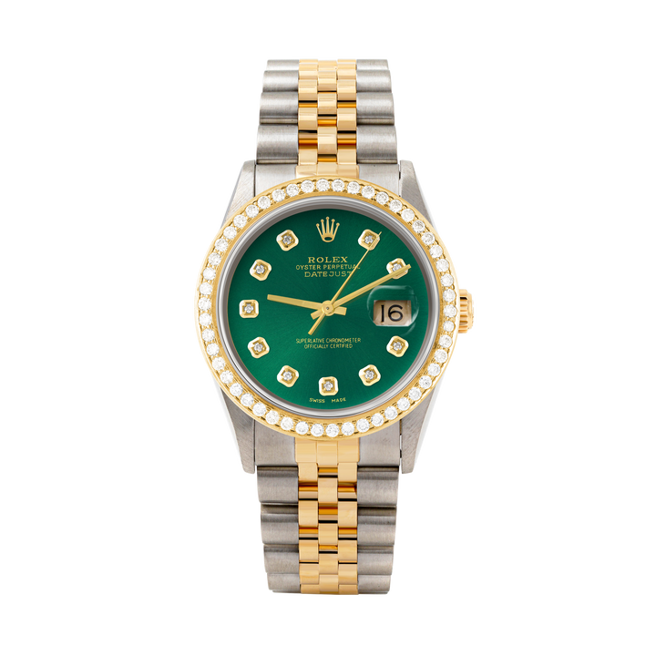 Rolex Datejust 36mm TWO TONE 16233 Green Dial | Diamond  Hour Markers | 1.8ct Diamond Bezel