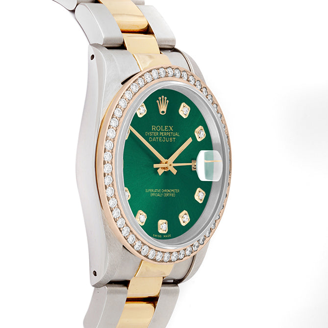 Rolex Datejust 36mm TWO TONE 16233 Green Dial | Diamond  Hour Markers | 1.8ct Diamond Bezel