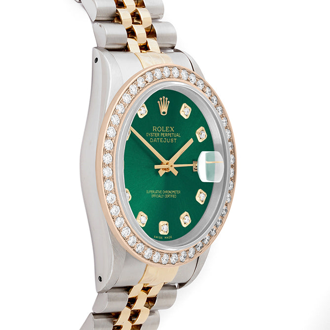 Rolex Datejust 36mm TWO TONE 16233 Green Dial | Diamond Hour Markers | 2ct Diamond Bezel