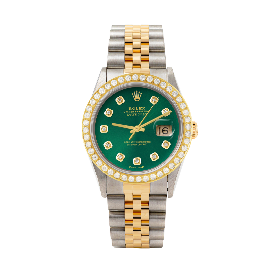 Rolex Datejust 36mm TWO TONE 16233 Green Dial | Diamond Hour Markers | 2ct Diamond Bezel