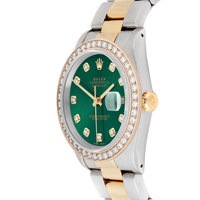 Rolex Datejust 36mm TWO TONE 16233 Green Dial | Diamond Hour Markers | 2ct Diamond Bezel