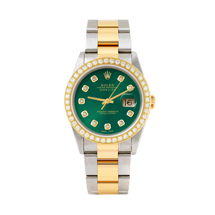 Rolex Datejust 36mm TWO TONE 16233 Green Dial | Diamond Hour Markers | 2ct Diamond Bezel