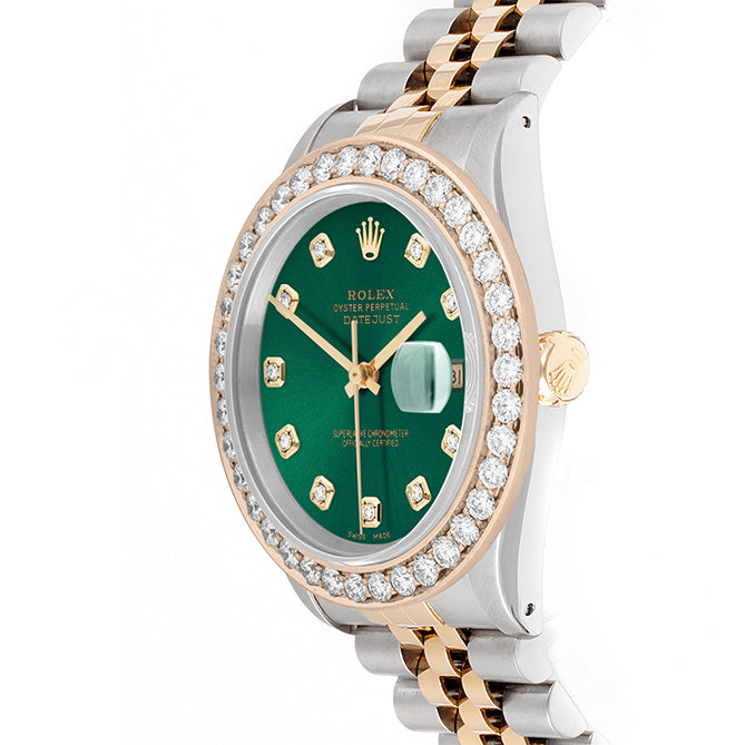 Rolex Datejust 36mm TWO TONE 16233 Green  Dial | Diamond Hour Markers | 2.5ct Diamond Bezel