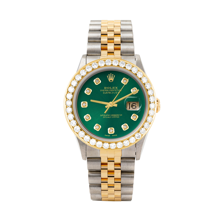 Rolex Datejust 36mm TWO TONE 16233 Green  Dial | Diamond Hour Markers | 2.5ct Diamond Bezel